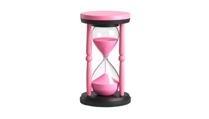 Rendered hourglass with pink sand flowing in a 3D image, set against a black backdrop