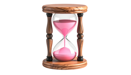 A classic hourglass with pink sand flowing in a wooden frame against a black background