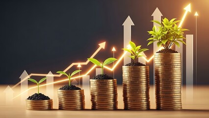 Stacks of coins with growing plants and upward trending financial graph in the background