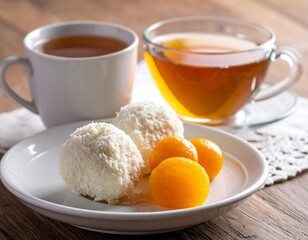 Close-up of a plate with coconut-covered confections and golden orbs, served with two teacups