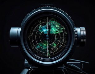 Close-up of a high-powered scope, showing intricate reticle against a dark background, reflecting a blurred, colorful scene