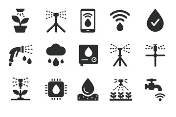 Smart irrigation technology icons: drip systems and wireless controls