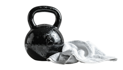 Fitness kettlebell with towel, isolated on white background, workout concept image
