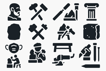 Obraz premium Sculptor icons set: tools, bust, chisel, and hammer symbols