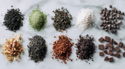 Flat lay of assorted loose teas including black, green, white, English breakfast, and flavored blends with cocoa and caramel.