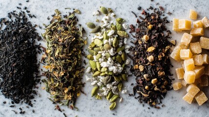 Flat lay of assorted loose teas including black, green, white, English breakfast, and flavored blends with cocoa and caramel.