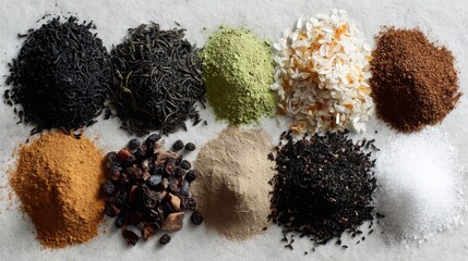 Flat lay of assorted loose teas including black, green, white, English breakfast, and flavored blends with cocoa and caramel.