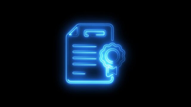Glowing Blue Neon Certificate Icon with Seal on Black Background award diploma