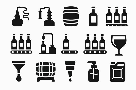 Black silhouette icons of distillery equipment and beverage containers