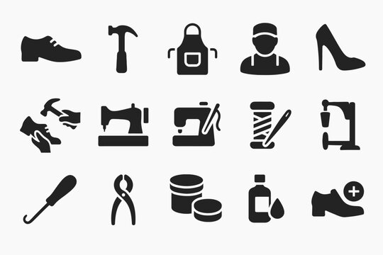 Shoe repair icons: tools, equipment, and footwear silhouettes in black - Powered by Adobe