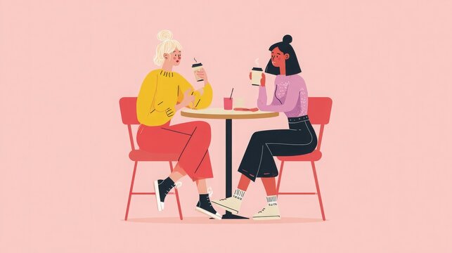 Flat-style vector illustration of two female friends chatting and sharing gossip in a caf&Atilde;&copy;. 