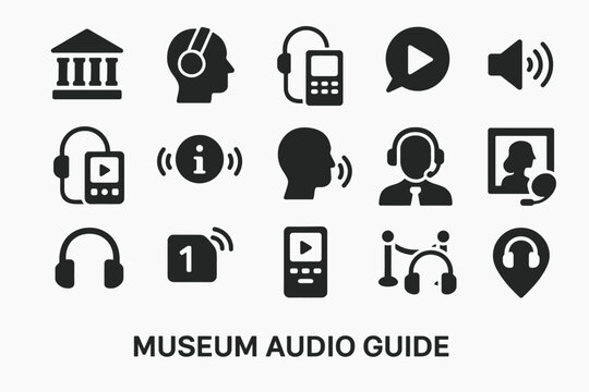 Museum audio guide icons: headphones, devices, information, tour, navigation symbols