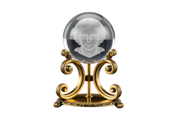 Page fortune teller in crystal ball on Page ornate metal stand in mystical dim lighting for esoteric spirituality
