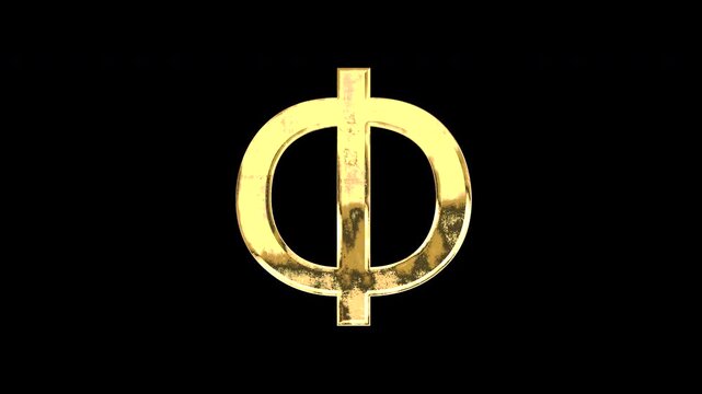 Gold Greek uppercase alphabet &ldquo;&Phi;&rdquo;, light reflecting and patterns shifting, alpha channel