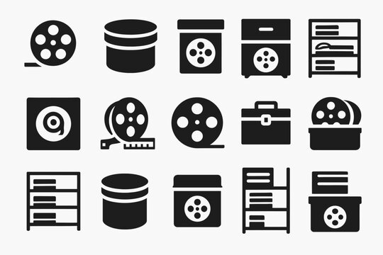 Film and media equipment icons: reels, cases, projectors, shelves