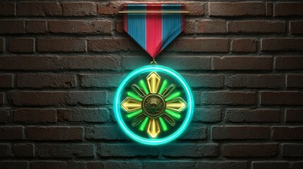Glowing neon military medal icon isolated on a brick wall background. 
