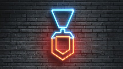 Glowing neon military medal icon isolated on a brick wall background. 