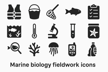 Fototapeta premium Marine biology fieldwork icon set: equipment, organisms, tools