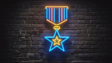 Glowing neon military medal icon isolated on a brick wall background. 