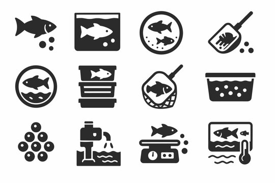 Aquaculture icon set: fish, tanks, equipment, and rearing symbols