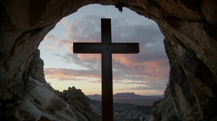 Cave zoom motion blur with Catholic cross silhouette and dramatic sunset sky, Easter and Holy Week celebration concept Generative AI