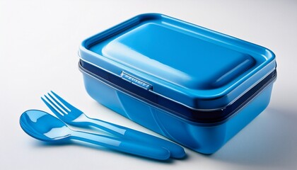 blue plastic lunchbox with open lid matching spoon and fork on white background for editorial product photography portable food storage and practical lifestyle themed visuals