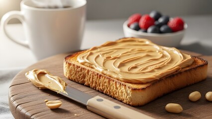 Toasted bread with creamy peanut butter, a knife, berries, and coffee on a wooden board.