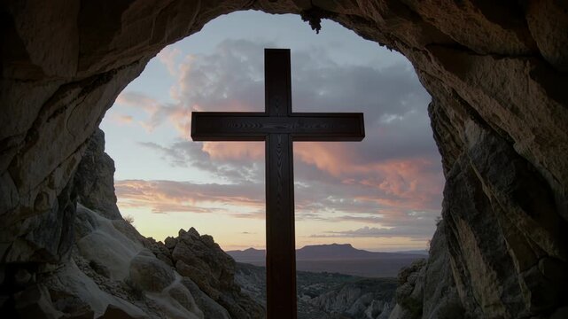 Cave zoom motion blur with Catholic cross silhouette and dramatic sunset sky, Easter and Holy Week celebration concept Generative AI