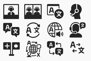 Fototapeta premium Communication and translation icons featuring headset and language symbols