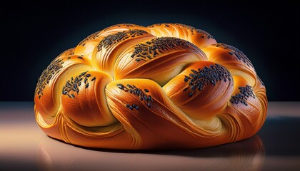 braided round loaf of golden bread with black seed topping and glossy crust for editorial culinary photography artisanal baking design and poetic tradition themed visuals