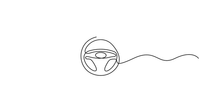 Self animated continuous line drawing of a car steering wheel primarily symbolizes control, driving, and transportation