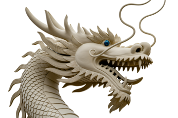 White dragon sculpture in mythical style with gold accents and intricate details on transparent background for Page Page