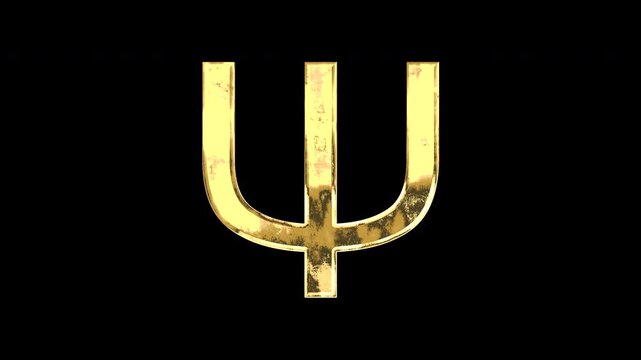 Gold Greek uppercase alphabet &ldquo;&Psi;&rdquo;, light reflecting and patterns shifting, alpha channel