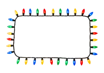 Colorful christmas lights border frame isolated on transparent background for decoration