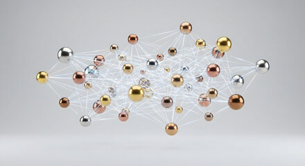 Network of Connections: An abstract composition of interconnected metallic spheres, representing the complex web of relationships and the power of networking in a modern digital landscape.