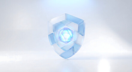 Digital Shield: A modern, minimalist digital shield. It's an emblem representing security, protection, and digital defense. The design uses clean lines, transparent and futuristic elements.