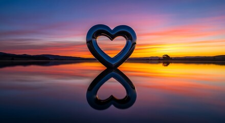 Heart Sculpture Reflecting Sunset - Serene Lake Scene.