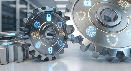 Cybersecurity Gear Mechanism: A close-up view of meshing gears adorned with cybersecurity symbols, representing the robust protection of digital data and systems.