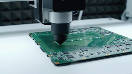 Precision machinery applies solder to a circuit board, showcasing intricate details of the electronic components and the meticulous process of assembly in a modern manufacturing environment