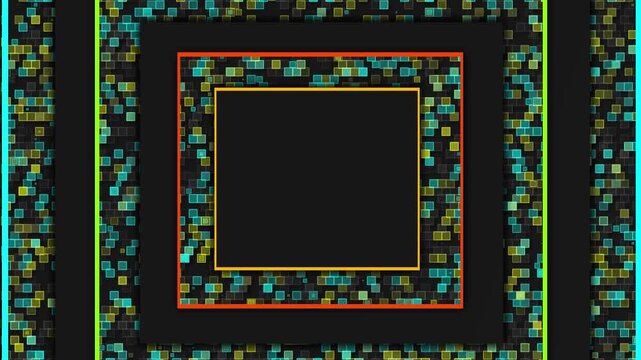 Abstract Digital Grid With Dynamic Neon Frames Looping Background, Abstract Digital Tunnel Animation With Colorful Geometric Frames And Glowing Pixels Background Loop