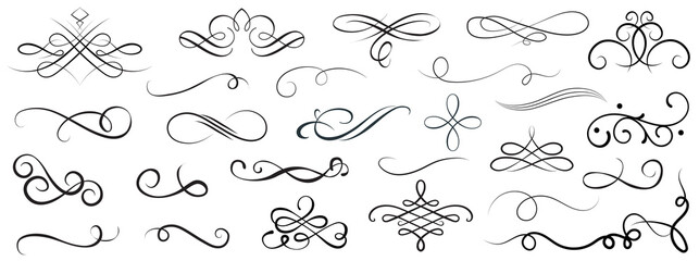 Elegant vector set of calligraphic flourishes and ornamental dividers for luxury branding, invitations, typography, and vintage design.