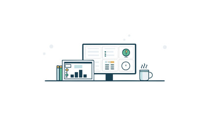 Flat illustration showing a design system with computer, tablet, books and coffee cup on desk in modern workspace
