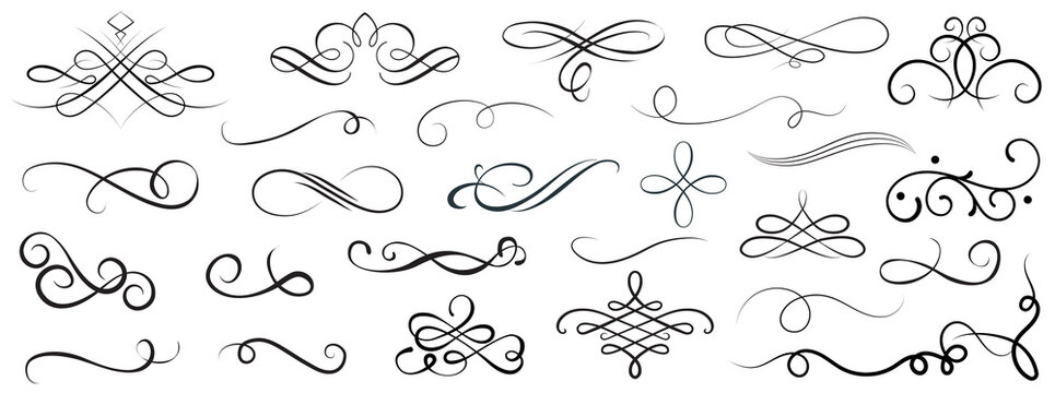 Elegant vector set of calligraphic flourishes and ornamental dividers for luxury branding, invitations, typography, and vintage design.