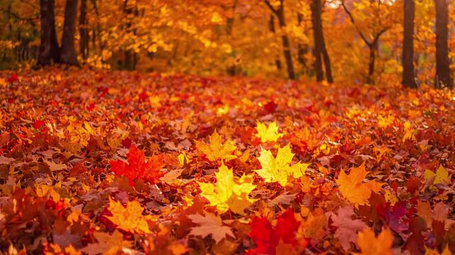 Wide shot of a forest floor completely covered in a thick carpet of fallen maple leaves. autumn Low angle, wide shot A breathtaking