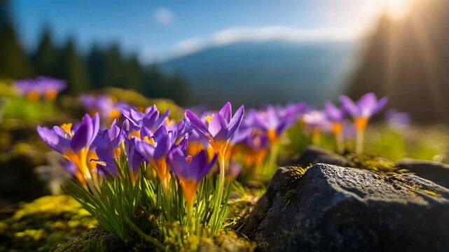 Beautiful purple crocus flowers blooming in sunlight against a serene natural background