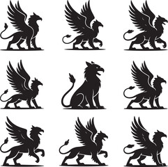 Fototapeta premium Nine mythical griffin silhouettes in various poses isolated on transparent