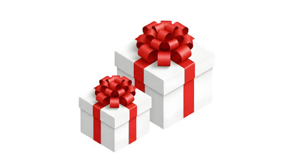 Two white gifts isolated on transparent background with red ribbons