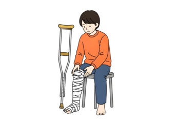 A person sitting on a stool with a broken leg in a cast and a crutch isolated on transparent background
