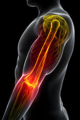 The illustration shows a human arm with a focus on muscles, bones, and joints. The image highlights the elbow, forearm, and shoulder area to explain arm movement in detail.
