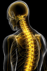 A detailed view of the human skeleton from behind, highlighting the spine and skull. The visual focuses on the vertebral column and its placement in relation to the head in a dark background.